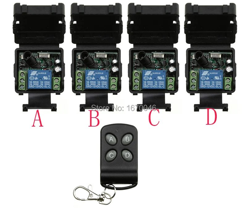 

RF Wireless DC 12V Remote Control Switch 1CH Interruptor 10A 4*Receiver & 1*Transmitter light /lamp/ window/Garage Doors