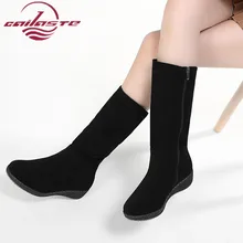 CAILASTE/Женская обувь зимние ботинки до середины икры зимние черные кожаные ботинки на молнии; теплые плюшевые ботинки с круглым носком; классическая Удобная нескользящая обувь