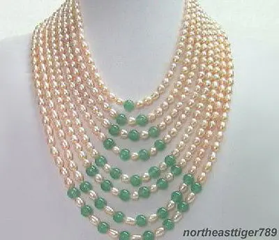 

Hot sale Free Shipping>>>>>8 Rows Real Pink Pearl Green Jade 18KWGP Clasp Necklace