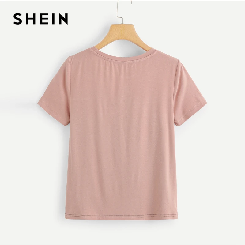 SHEIN متعدد الألوان اللون كتلة قص و خياطة الترتر جيب T قميص المرأة قصيرة الأكمام عارضة المحملة الصيف عمال أعلى تي شيرت