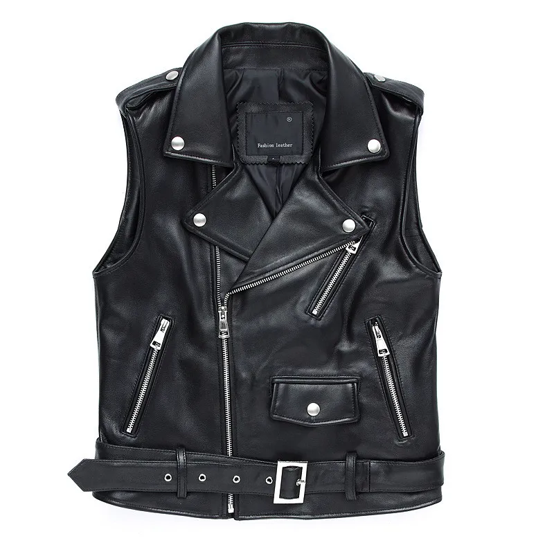 

Chic women's leather waistcoat 2019 spring sheepskin moto & biker jackets vests coat M-3XL size G111