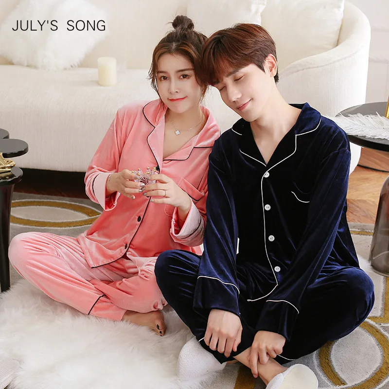 

JULY'S SONG Autumn Winter Pajamas Set Sleepwear Women Man Pajamas Gold Velvet Top And Pants Pajamas Long Sleeve Homewear