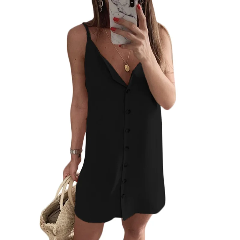 

Fashion Women Solid Mini Dress V Neck Spaghetti Strap Button Sleeveless Backless Plus Size Dress 5XL Casual Slip Dress Sundress