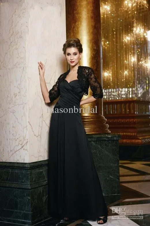 

Pleated Evening dresses Sexy Black Mother of the Bride Dress Satin&Chiffon Sheath Sweetheart long sleeves jacket free shipping