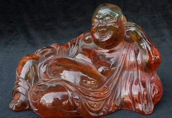 

8" Chinese Amber Carving Buddhism Happy Laugh Maitreya Buddhas Bag Wealth Statue