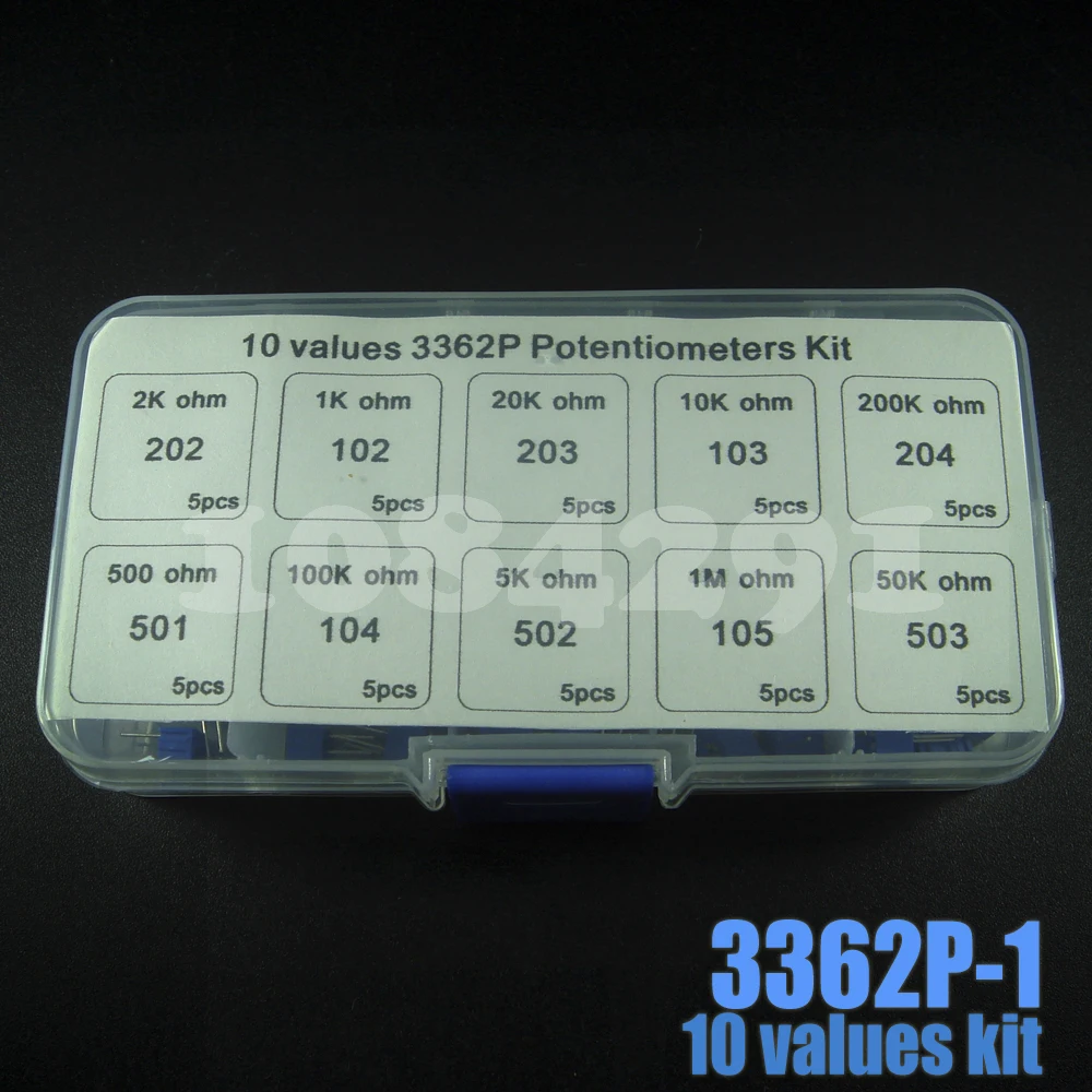 50pcs//Set 3362P Multiturn Trimmer Potentiometer Kit High Precision 3362 Variable Resistor 1K 10K 100K 1M 2K 20K 200K 500R 5K 50K