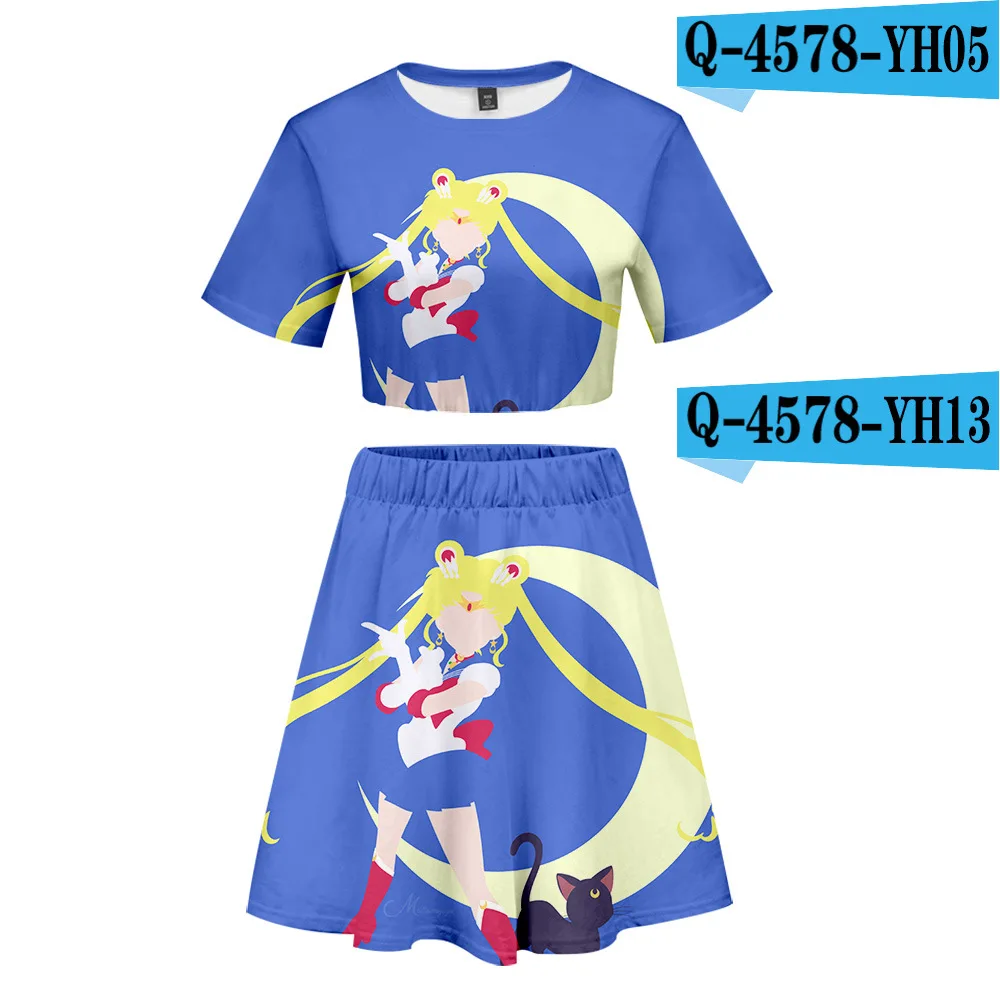 Sailor Moon женская одежда Женский комплект 2 шт. наряд 3D принт футболка женский костюм мини юбка летний топ ансамбль женский