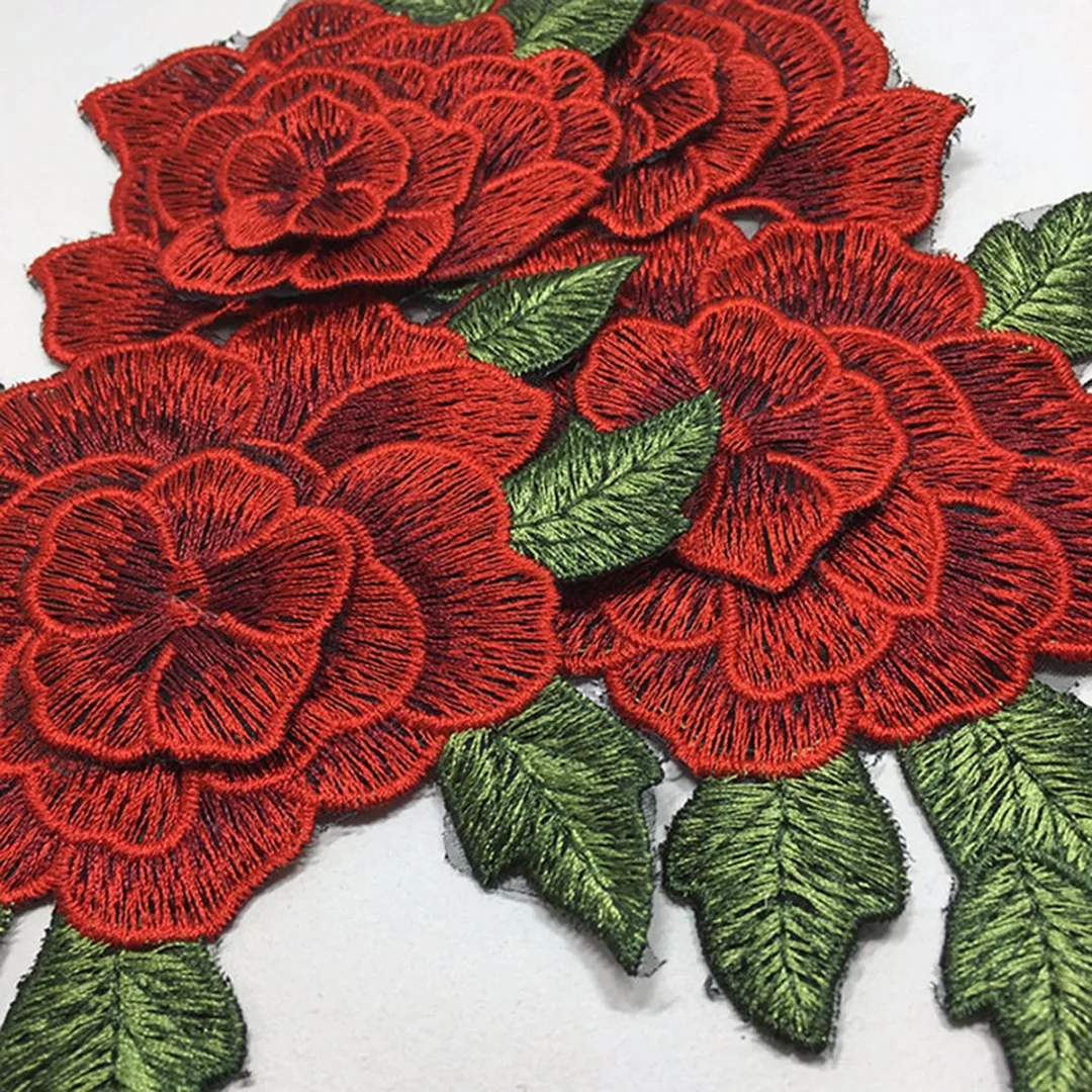 1 Pair 230*130mm New Red Rose Flower Embroidered Sew on Patch Clothes Jeans Fabric Sticker
