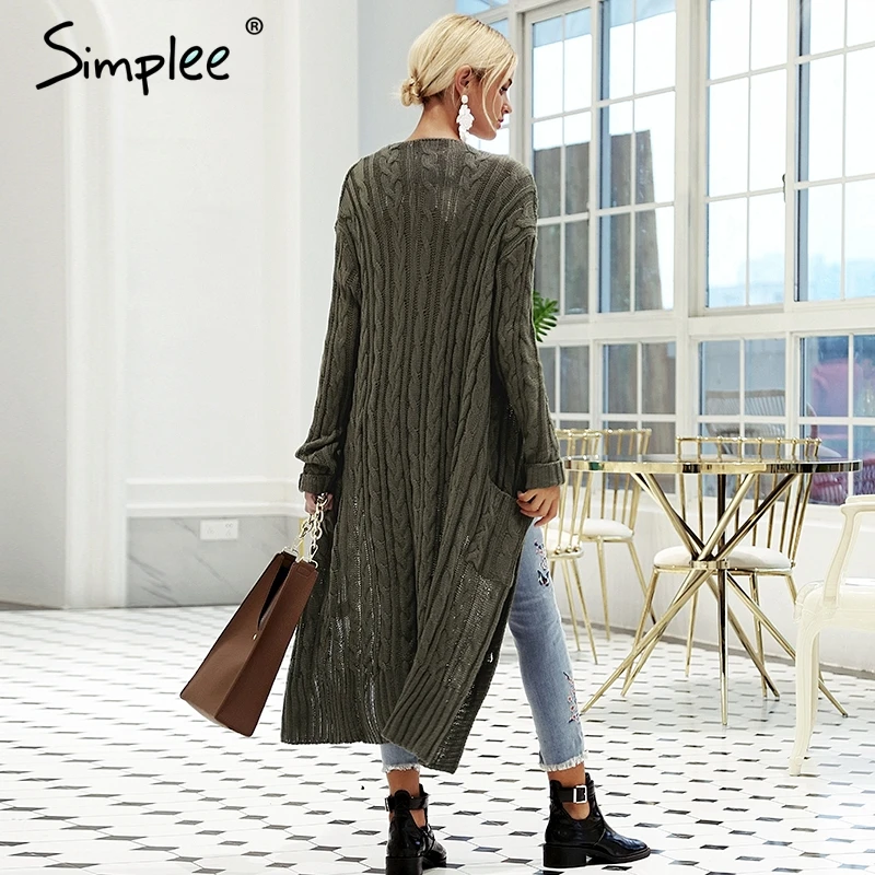 Simplee V الرقبة محبوك طويلة سترة عارضة الخريف الشتاء سترة 2018 المرأة سترة فتاة بهدوء جيوب سترة بالأزرار