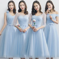 Light Blue Bridesmaid Dresses Gray Mesh Net Tulle Wedding Party Dress Half Sleeve Lace Up Graduation Robe Girl Pink Prom Dress