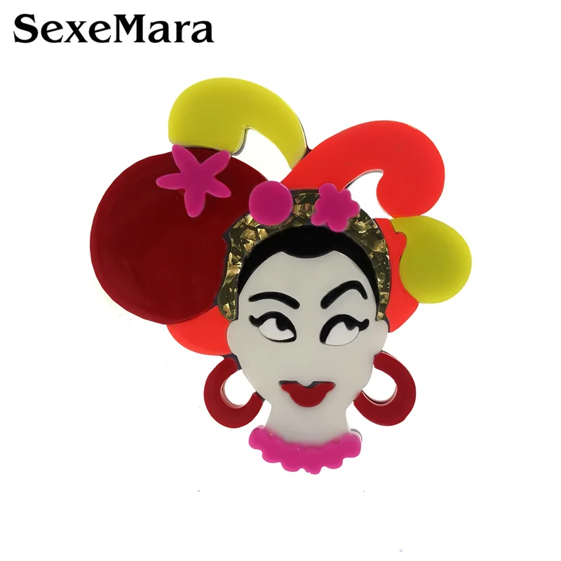 

SexeMara Lovely Acrylic Girl With Exaggerate Hair Brooch Pins Ethnic Style Acetic Acid Figure Brooch Badge Pin Collar Jewelry