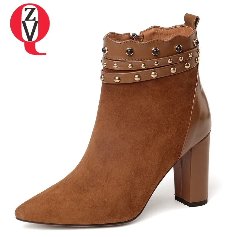 

ZVQ shoes women 2018 newest high quality kid suede pointed toe super high square heel zipper fashion sexy winter warm booties