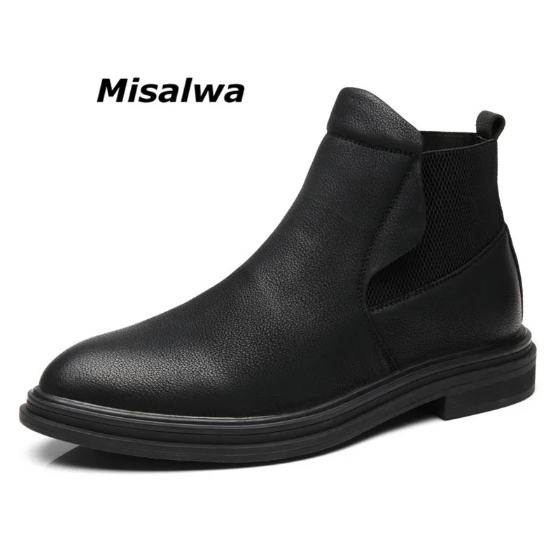 

Misalwa Top Quality Men Leather Boots Warmest Comfortable Chelsea Boots 2019 British Style Shoes Black Ankle Boots Pointed Toe