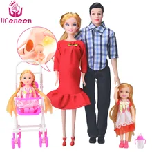 Family 5 People Dolls Suits 1 Mom /1 Dad /2 Little Kelly Girl /1 Baby Son/1 Baby Carriage Real Pregnant Doll Gifts Free Shipping