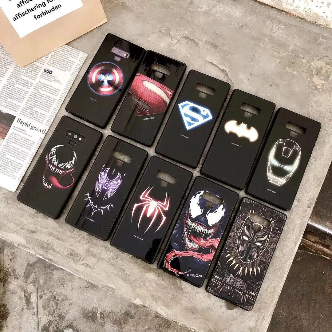 

For iPhone XS MAX XR 8 7 6 6s Plus X Samsung S8 S9 S10 Plus Note8 Note9 Cover Luxury Batman Marvel Luminous Tempered Glass Cases
