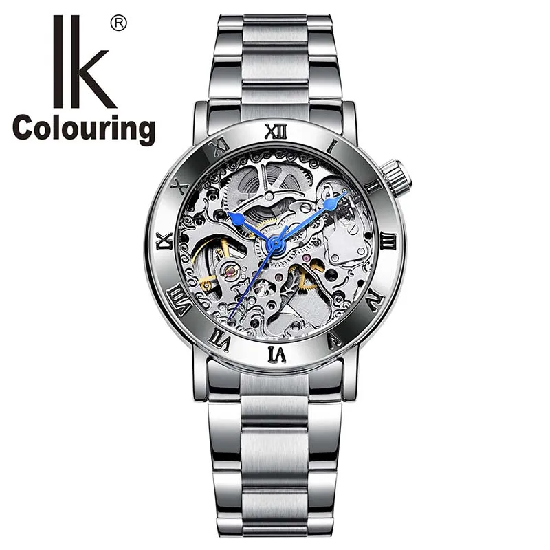 Silver IK раскраска женские часы с дисплеем лучший бренд класса люкс простой Скелет Прозрачный чехол автоматические механические часы для женщин - Цвет: Silver
