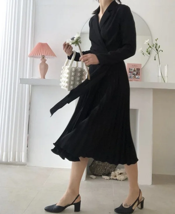 Корейское женское платье с поясом, длинным рукавом, зубчатое Плиссированное Платье для подиума, офисное женское черное платье с зубчатым воротником и бантом, рабочая одежда, платье миди