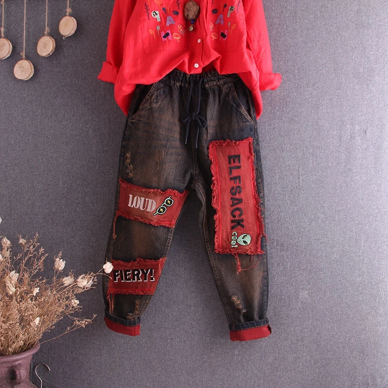 

Spring Autumn Jeans Women Retro Loose Denim Pants Elastic Waist Ripped Ladies Casual Letter Embroidery Patch Denim Trousers 2019