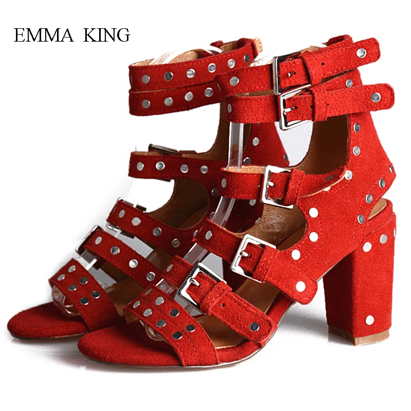 

New Rivets Studdeds Women Gladiator Sandals Buckle Strap Thick High Heels Open Toe Sewing Nubuck Leather Pumps Daily Shoes Woman