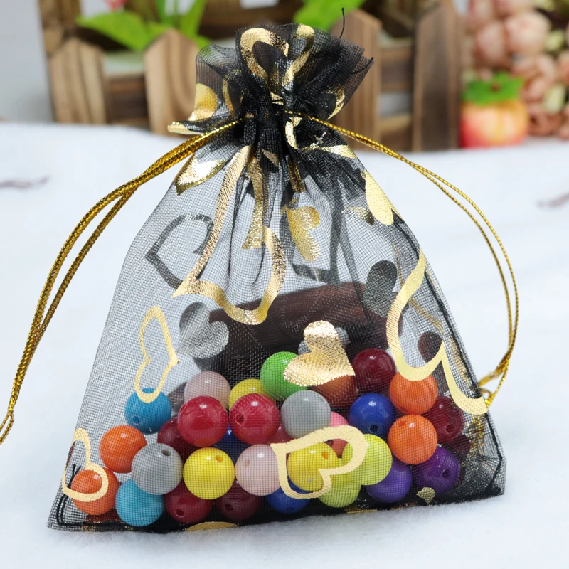 wholesale 100pcs 13x18cm Heart Organza gift bags Black color Drawable