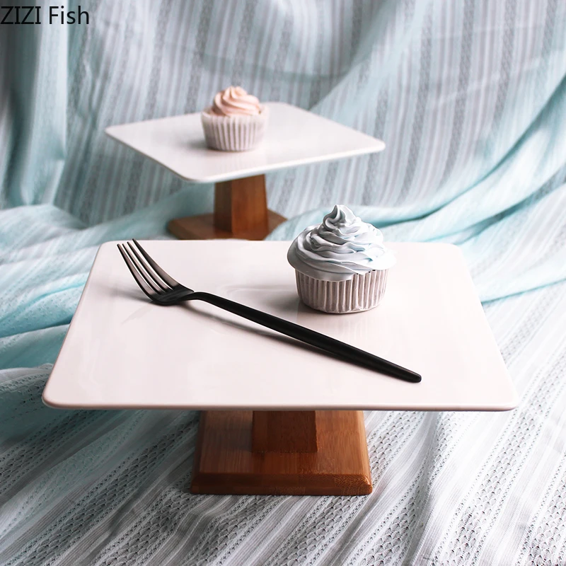 

Square Ceramics Cake Stand Wooden Pedestal Dessert Holder Cupcake Candy Display Rack Bakeware Wedding Party Decoration