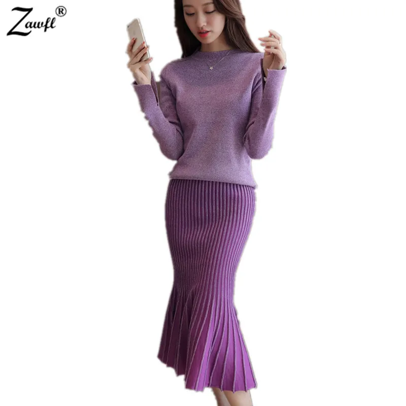 

ZAWFL Autumn Winter 2 Piece Set Women O Neck Long Sleeve Sweaters Knit Skirt Elegant Lady Two Piece Sweater Set Warm Clothing