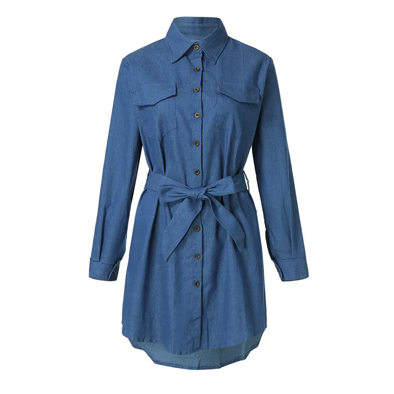 Fashion casual dress 2018 women autumn Button Down Denim Dress Ladies Belted Jeans Long Tops Shirt Dress vestido O26#N (3)