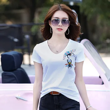 

New Hot 2020 Summer Woman Fashion Slim Sexy V-Neck Rhinestone Butterfly Printing T Shirt Tops Ladies Beading Solid Shirt Tees