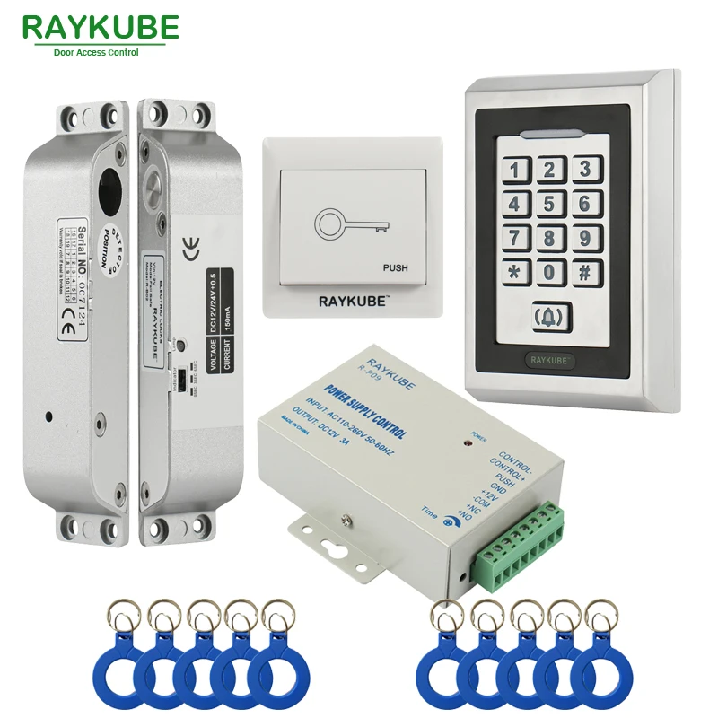 

RAYKUBE FRID Access Control Kit Electric Mortise Lock + Metal Keypad Exit Button Power Supply Door Security