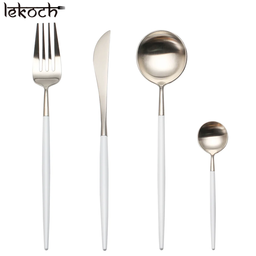 4Pcs/set Golden 304 Stainless Steel Dinnerware White Handle Silverware Steak Fork Knife Scoops Cutlery Set Home Tableware детская посуда нож ланчбокс столовые приборы ножи набор посуды kitchen dining bar flatware