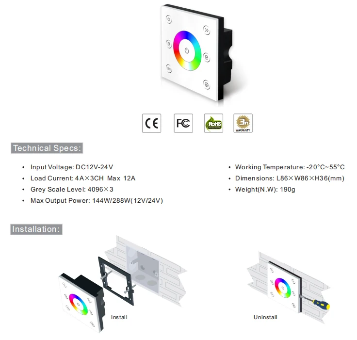 Новый светодиодный контроллер полосы пропускания RGB DC12-24V 4A/3CH Выход стекло, Тач-панель настенный светодиодный контроллер полосы