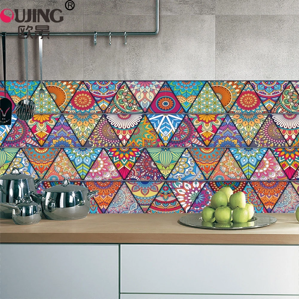 

Colorful Triangles Flowers Pattern Retro Tiles Wall Sticker Kitchen Bathroom Tile Waist Line Wallpaper PVC Waist Line Art Mural