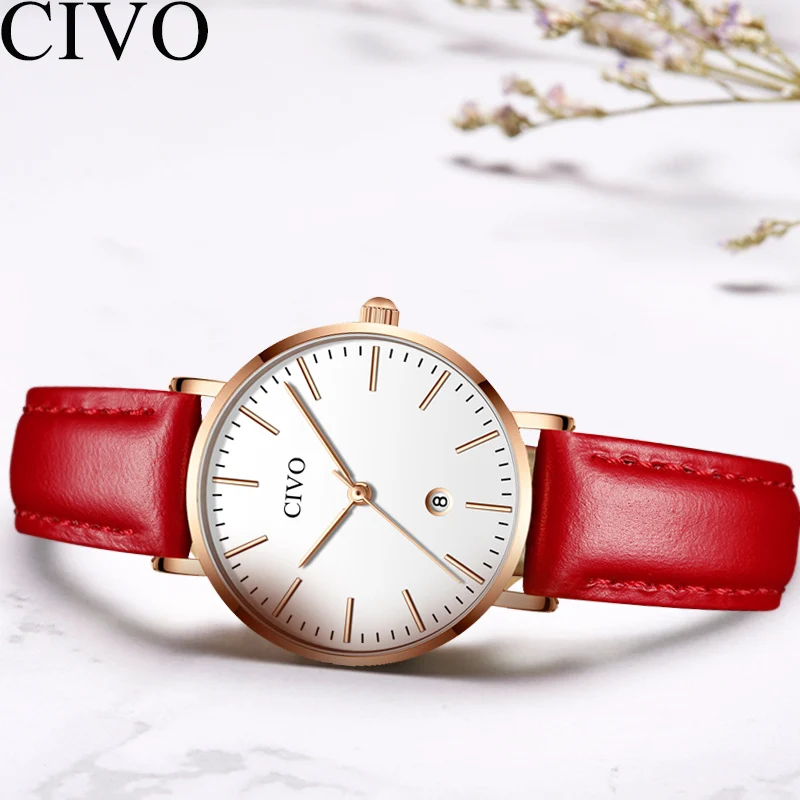 

CIVO 2019 Fashion Red Watch Women Famous Top Brand Ladies Dress Watches Waterproof Genuine Leather Wristwatches Analogue Clock
