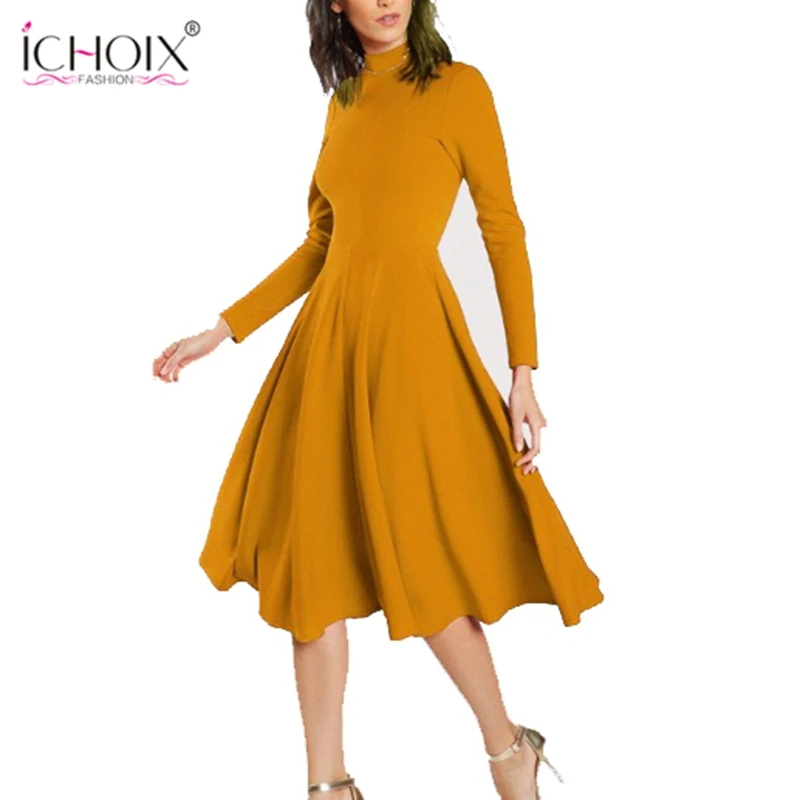 

ICHOIX 2019 New Fashion Red Office Dress Elegant Turtleneck Long Sleeve Solid Dresses Women Spring Winter Midi Dress Vestidos