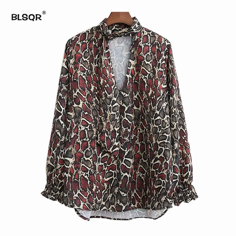 

Women Vogue Snake Skin Print Blouse Deep V neck Bow Tie Collar Long Sleeve Animal Pattern Shirts Irregular Tops Blusas Mujer