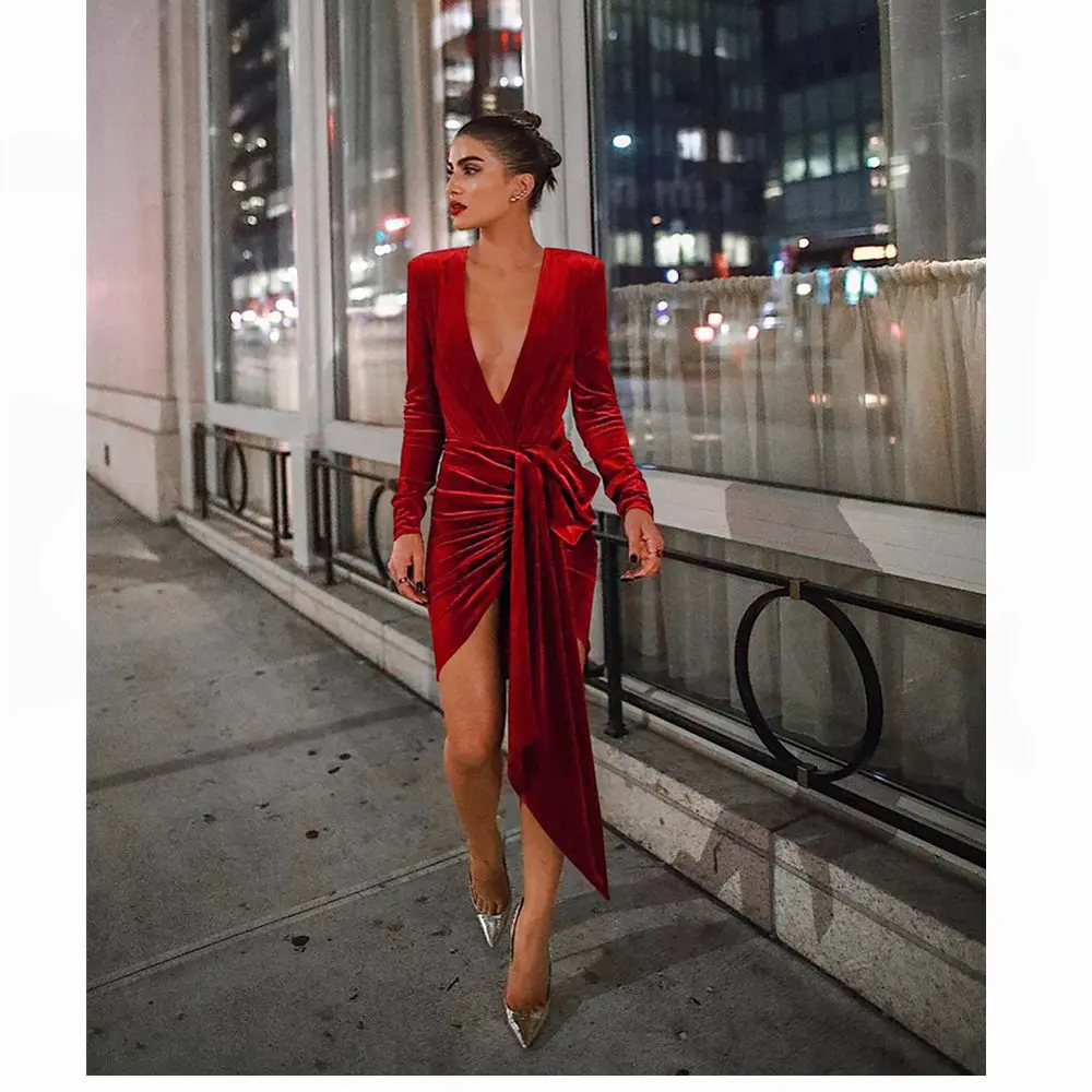 

2019 new Women's long sleeve dress women's deep V high slit sleeve dress one-step Sexy dress Solid color