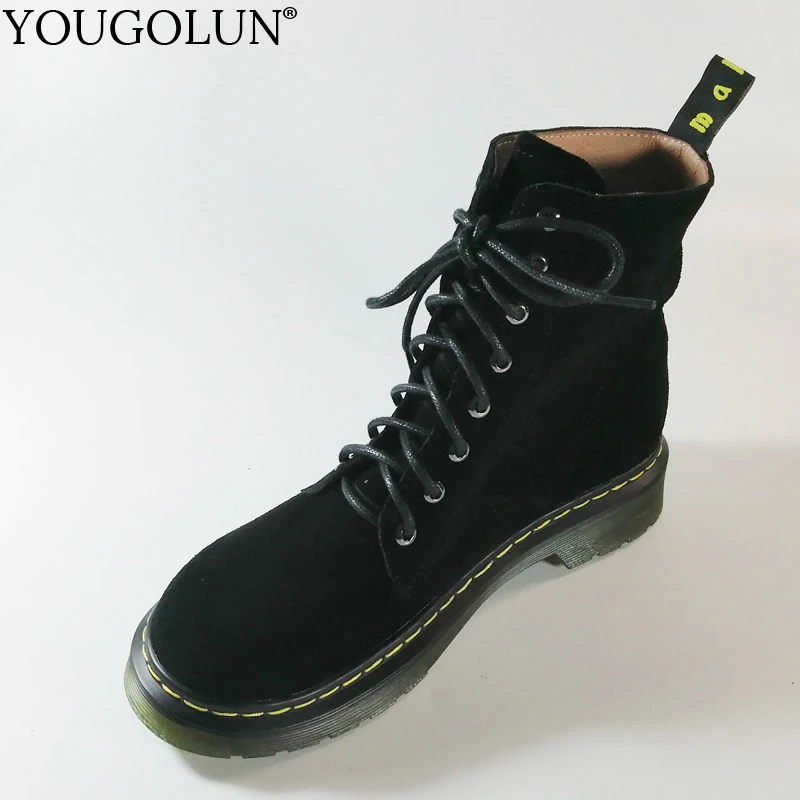 Comprar Botas de cuero genuino de vaca Martin para mujer Otoño Invierno A305 zapatos cuadrados de tacón bajo correa cruzada negro punta redonda tobillo botas