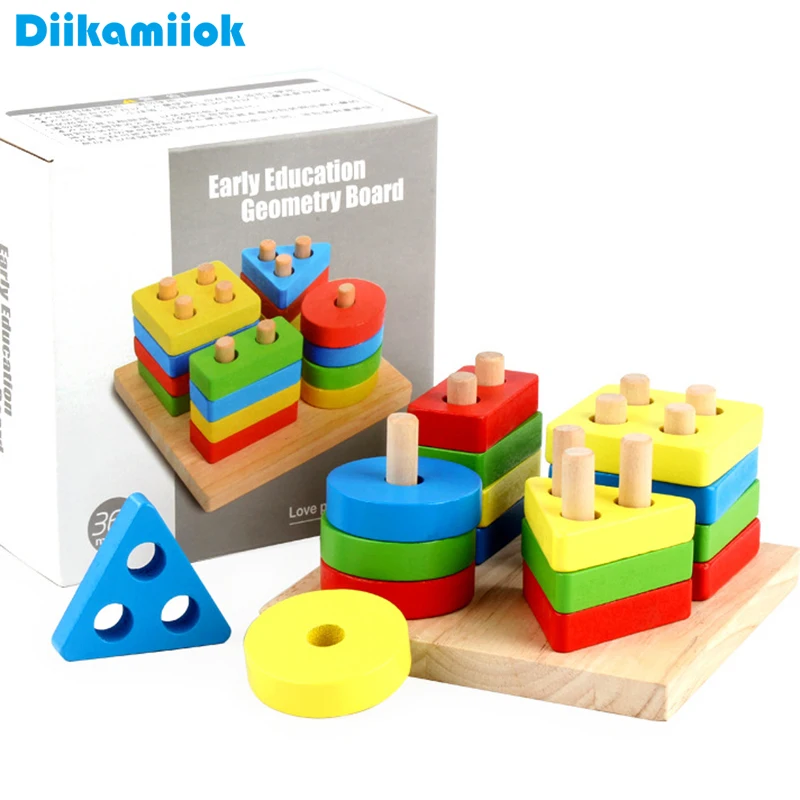 

New Style Wooden Toy Four Column Geometric Building Blocks Shape and Color Matching Early Educational Toys For Children OY-E367