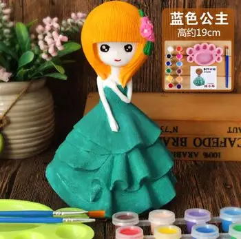 

19cm blue princess lovely Children's mannequin toy plaster doll Piggy bank mannequin Gift 12 color paint pen palette 1set A262