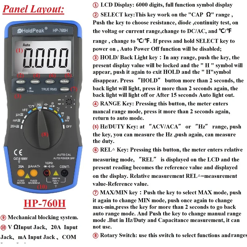 Тестер мультиметр цифровой Holdpeak HP-760H правда RMS автонастройка цифровой мультиметр метр с мин макс значения частота / температура / емкость тест