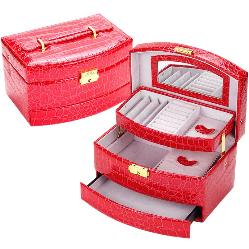 

Brand Big Jewelry Casket Box Fashion Ladies Three Layers Women Jewel Organizer PU Storage Carrying Box Women Bride Wedding Gift
