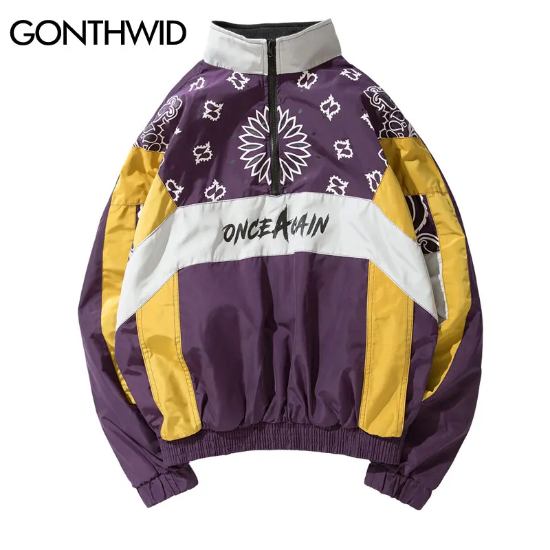 

GONTHWID Cashew Flowers Printed Color Block Patchwork Pullover Jackets 2019 Spring Autumn Half Zip Windbreaker CoatS Streetwear
