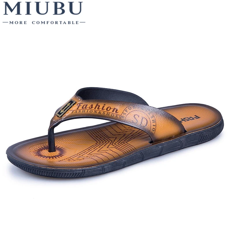 

MIUBU New Arrival Flip Slippers High Quality Leather Flats Summer Shoes Fashion Men Beach Sandals Flip Flops