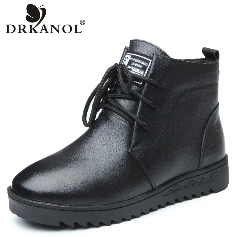 

DRKANOL Fashion Black Genuine Leather Women Snow Boots Lace Up Side Zip Winter Flat Warm Boots Round Toe Shoes Women Ankle Boots
