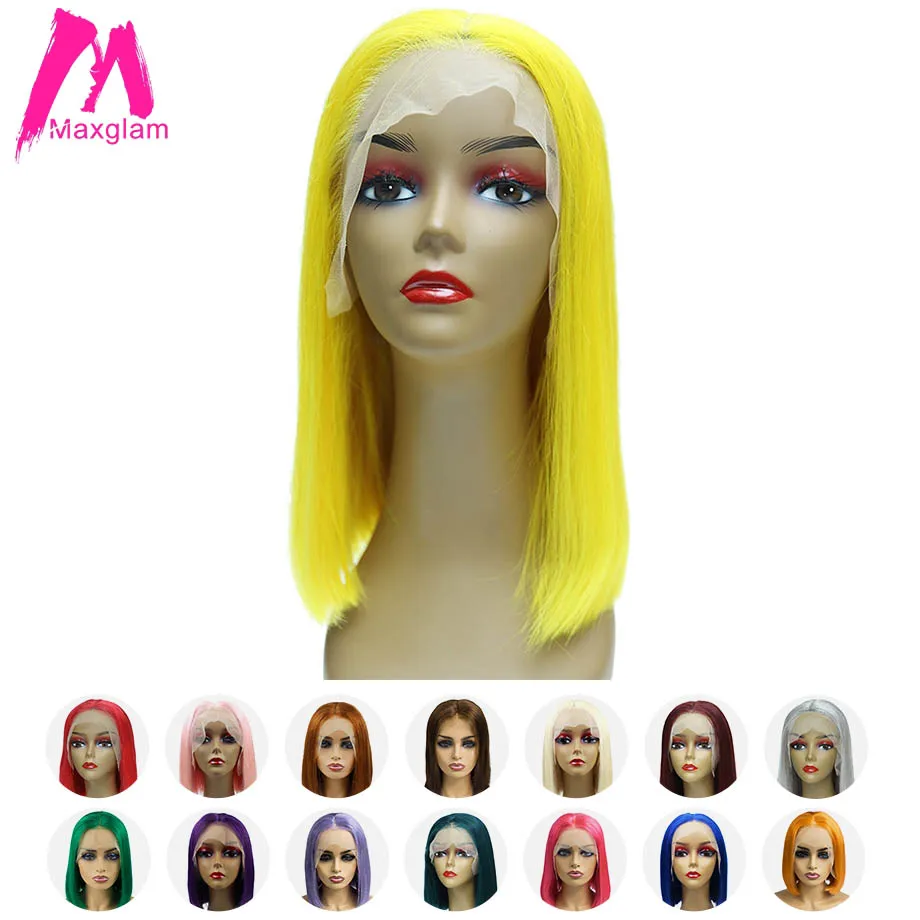 Maxglam Lace Front Human Hair Wigs Blonde 613 Short Bob Pink Blue Multiple Colors remy hair For Black Women Free Shipping 13x4 | Шиньоны и