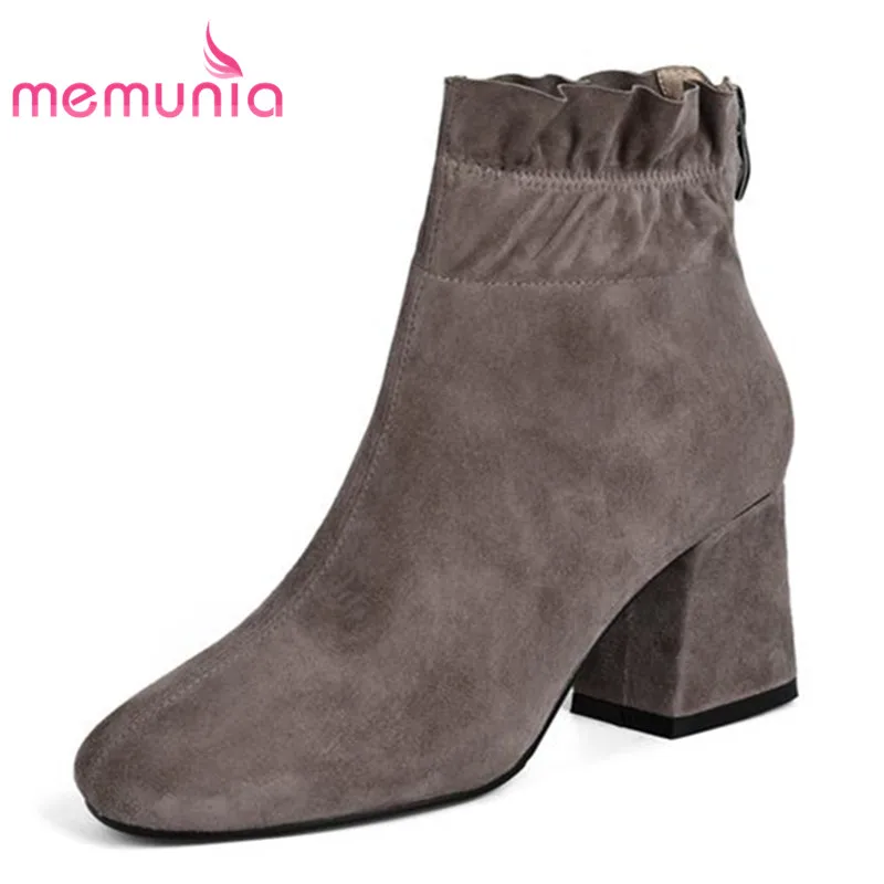 

MEMUNIA 2018 arrive suede leather boots woman autumn winter boots for women fashion square high heels ankle boots casual shoes