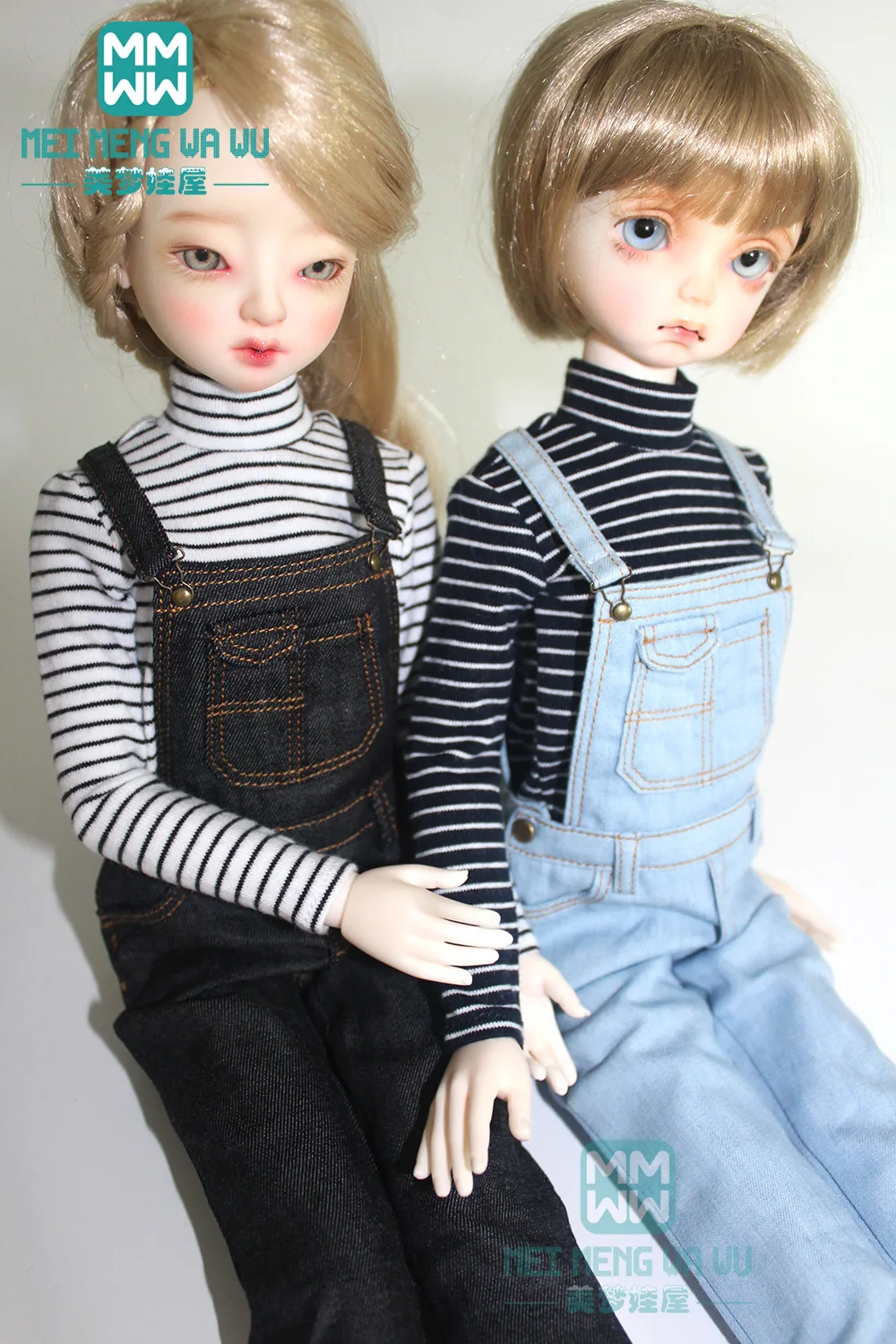 

BJD doll clothes for 43cm 1/4 BJD MSD doll fashion Striped t-shirt and denim Bib pants