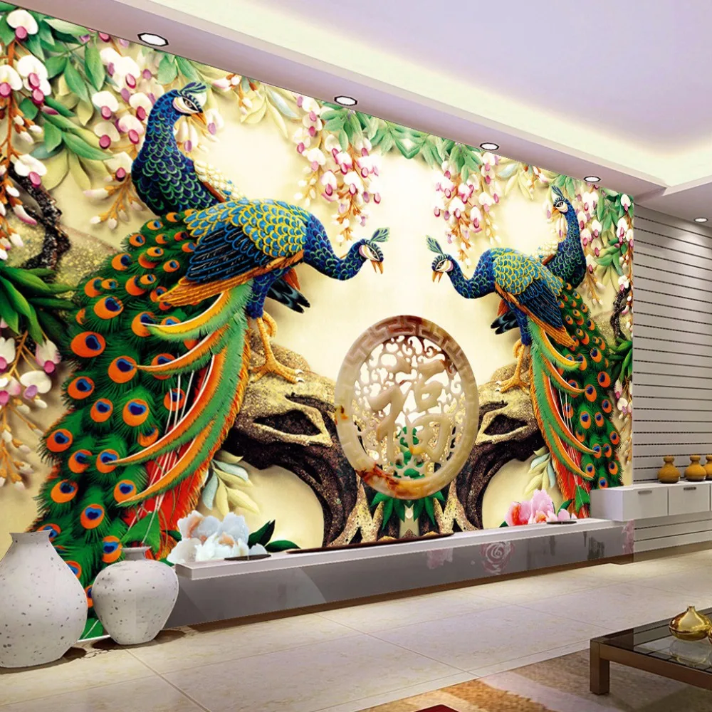 Kustom 3D Dinding Mural Wallpaper 3D Bukan Tenunan Merak Ruang Tamu Kustom 3D Dinding Mural Wallpaper 3D Bukan Tenunan Merak Ruang Tamu