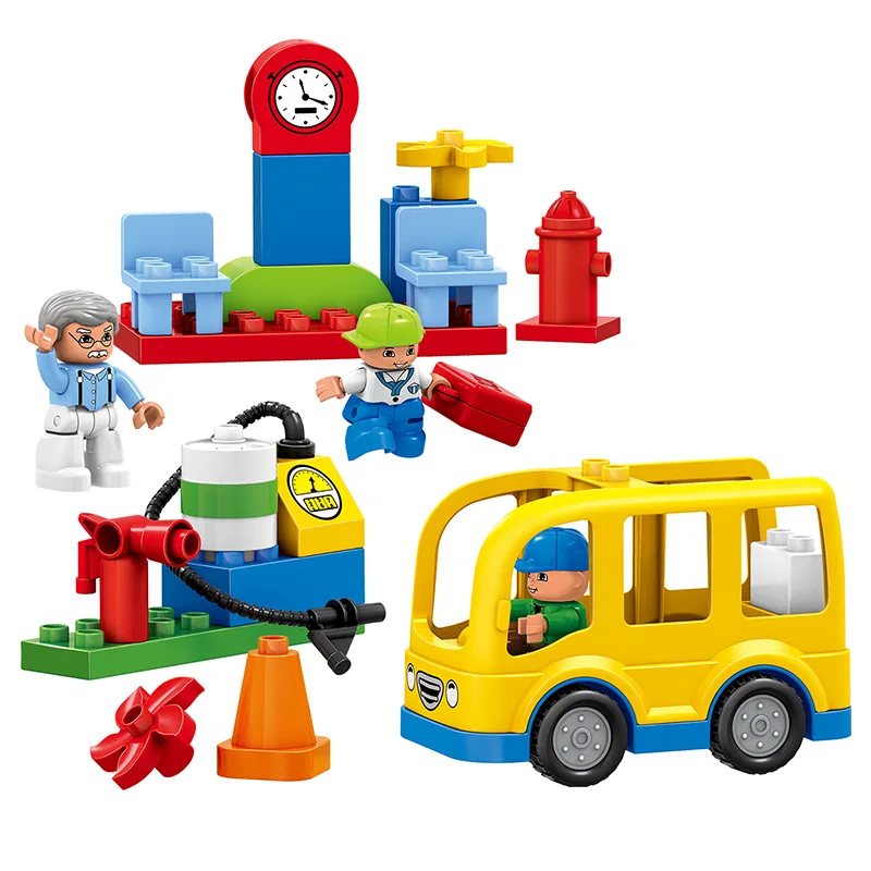 29PCS Original Bus Station Set Yellow School Bus Grandpa Brother Dolls Big Building Blocks Baby DIY Toys Compatible with Duplo baby-building-blocks