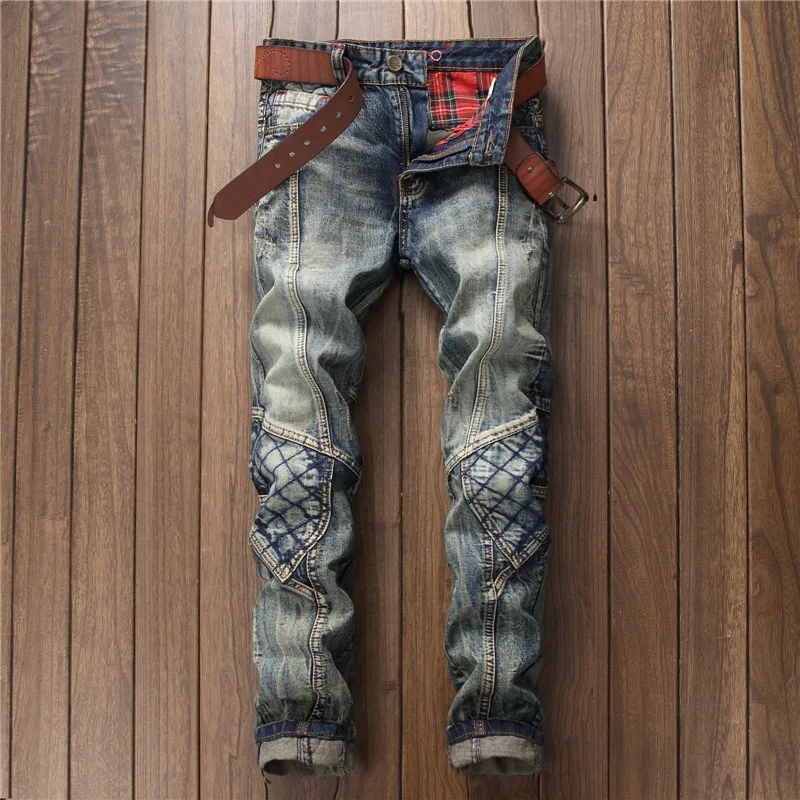 New Design Men Retro Jeans Locomotive Fashion Straight Pants Masculina Skinny Denim Men's Slim Rock Biker Patchwork | Мужская одежда